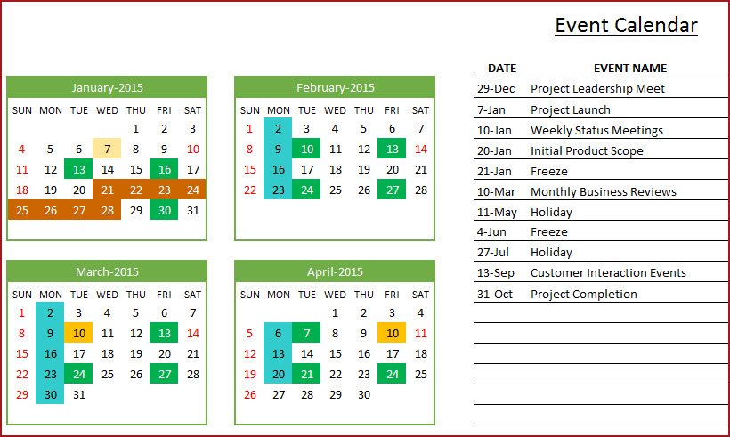event calendar in excel