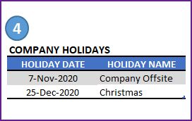 Enter Company Holidays to exclude from scheduling planned work