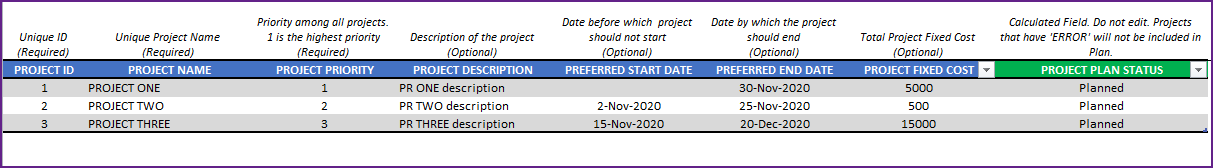 Entering project Details in project planner template (click to see larger image)