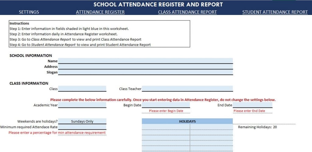 School Attendance Register Template - Enter Settings