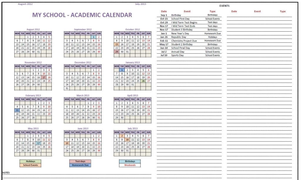 Calendar Excel Template - 12 Month Calendar