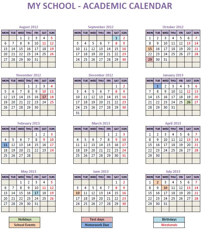 12 Month Calendar in Excel