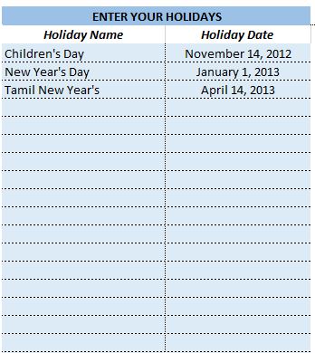 Attendance Register Format in Excel - Enter Holidays