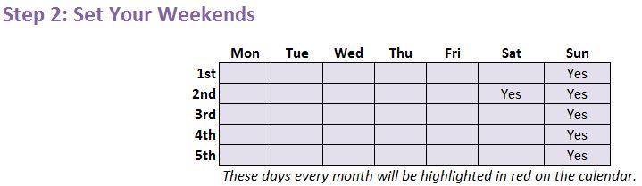 Calendar Excel Template - Enter Weekends