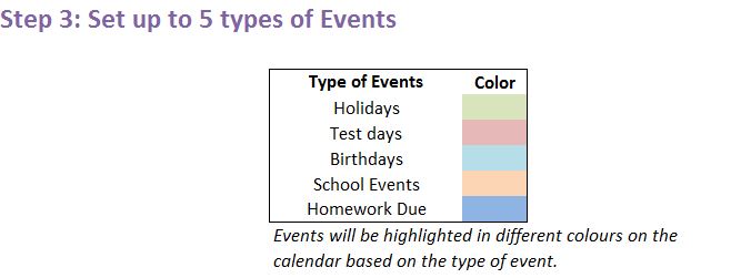 Calendar Excel Template - Enter Event Types