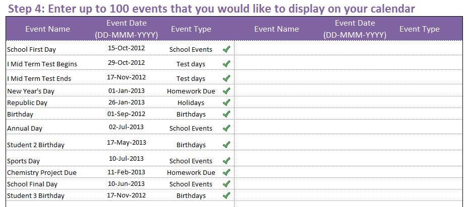 Calendar Excel Template - Enter Events