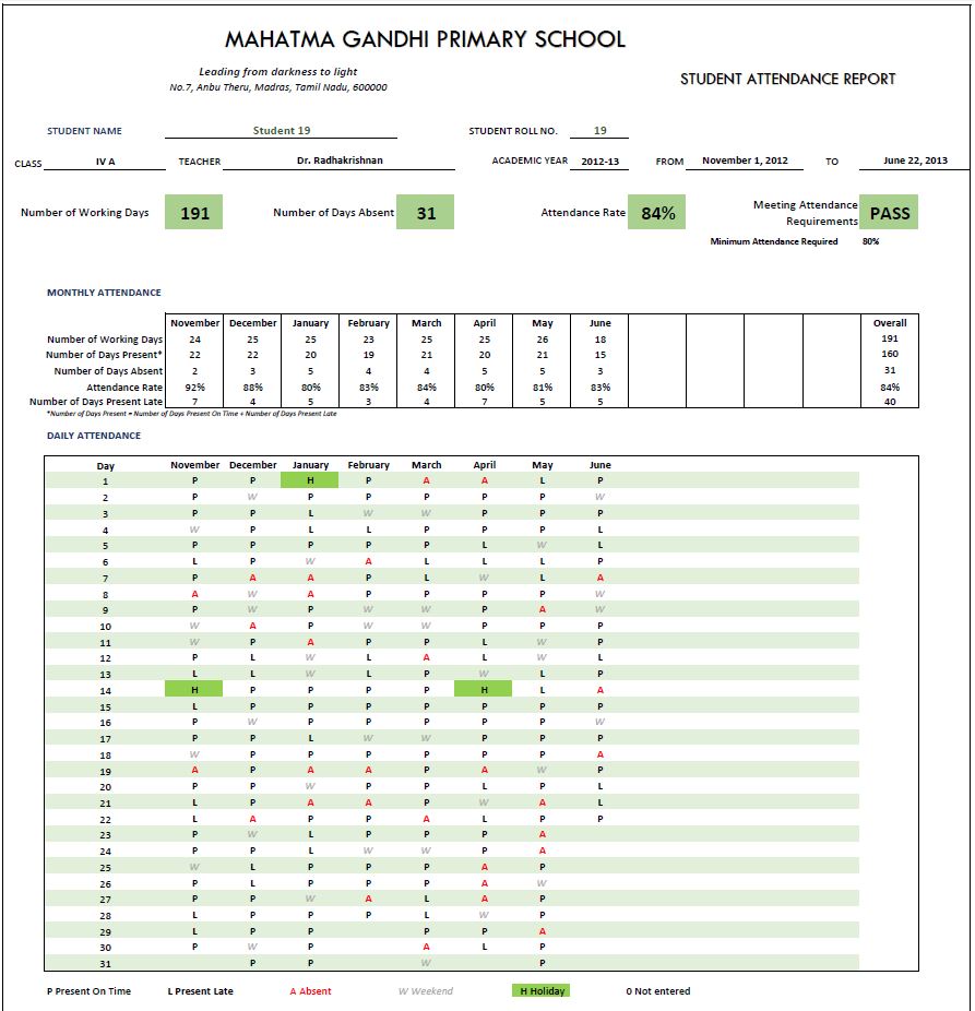 Printable Student Attendance Report in Excel