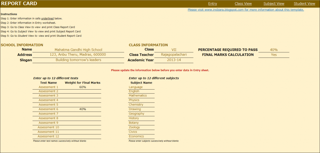 Report Card Settings - Report Card Excel Template