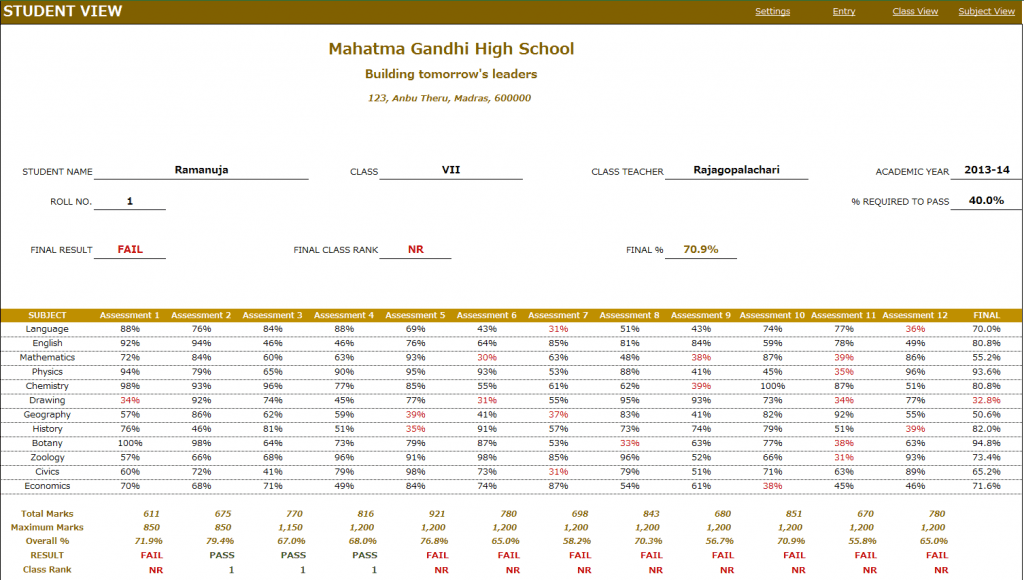 Student View - Report Card Excel Template