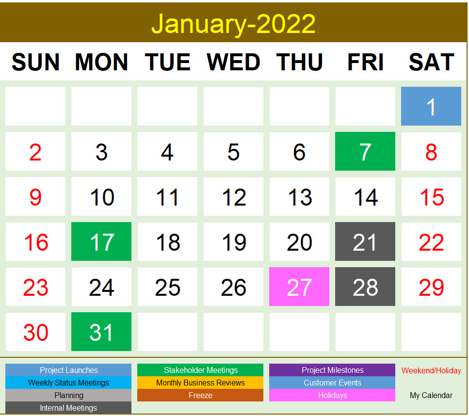 Excel Calendar Template - Customized Excel Calendar - 2022 Or Any Year