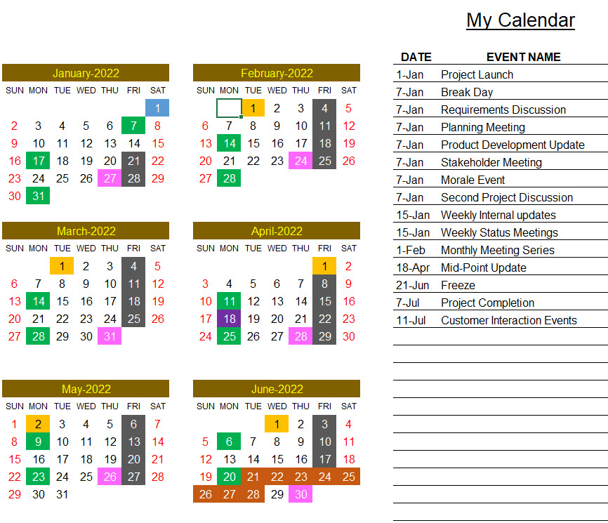 Events Calendar 2022 Excel Calendar Template - Customized Excel Calendar - 2022 Or Any Year