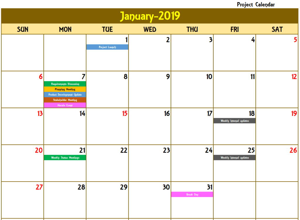 Excel Calendar Template 2019 - Monthly with Event Names Calendar Design