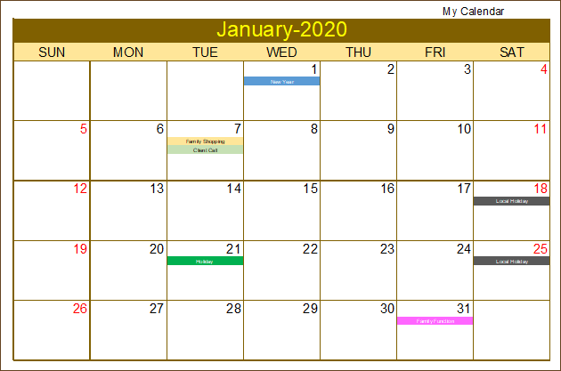 Excel Calendar Template 2020 - Monthly with Event Names Calendar Design