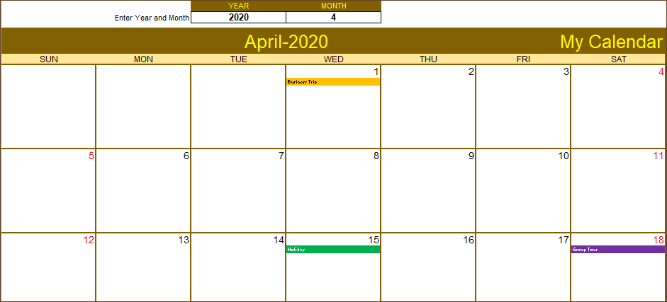 Excel Calendar Template 2020 - One Month Calendar Design
