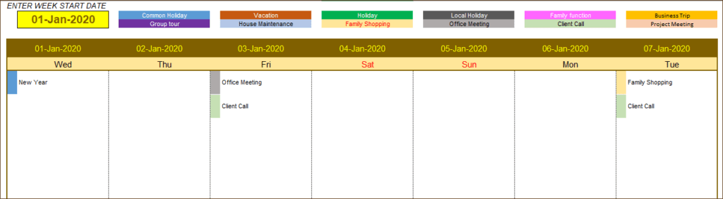 Excel Calendar Template 2020 - Weekly Calendar Design View