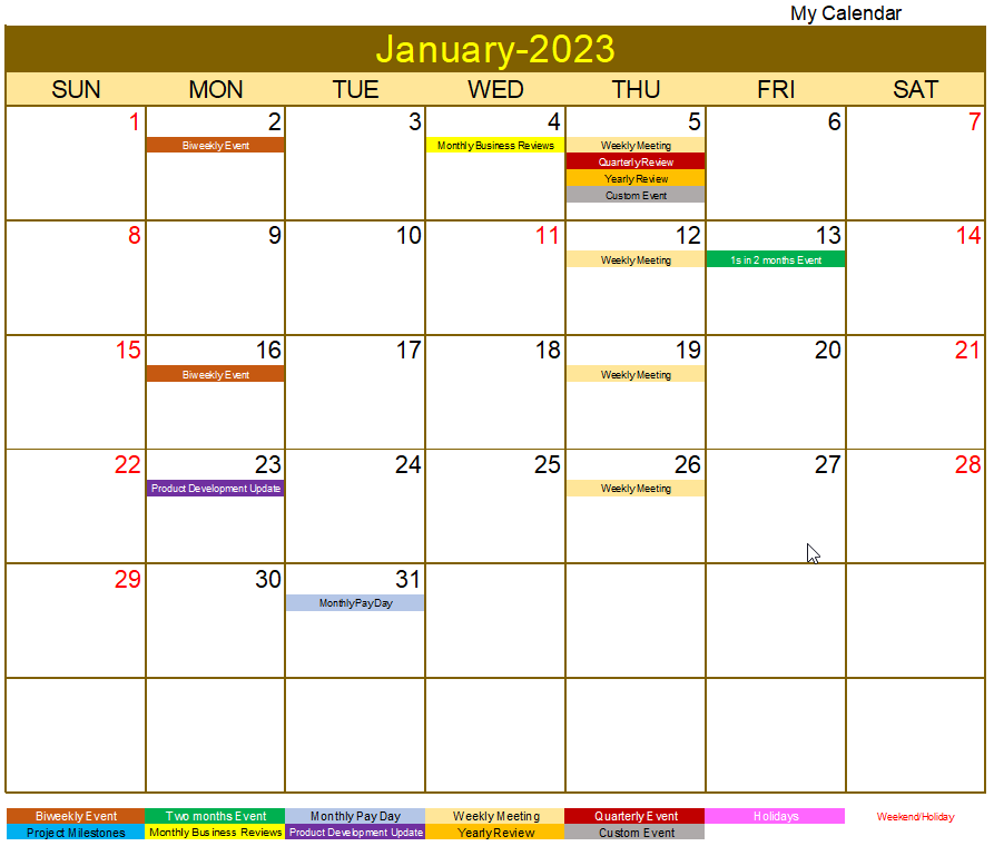 Excel Calendar Template 2023 - Monthly Calendar 2023 with events