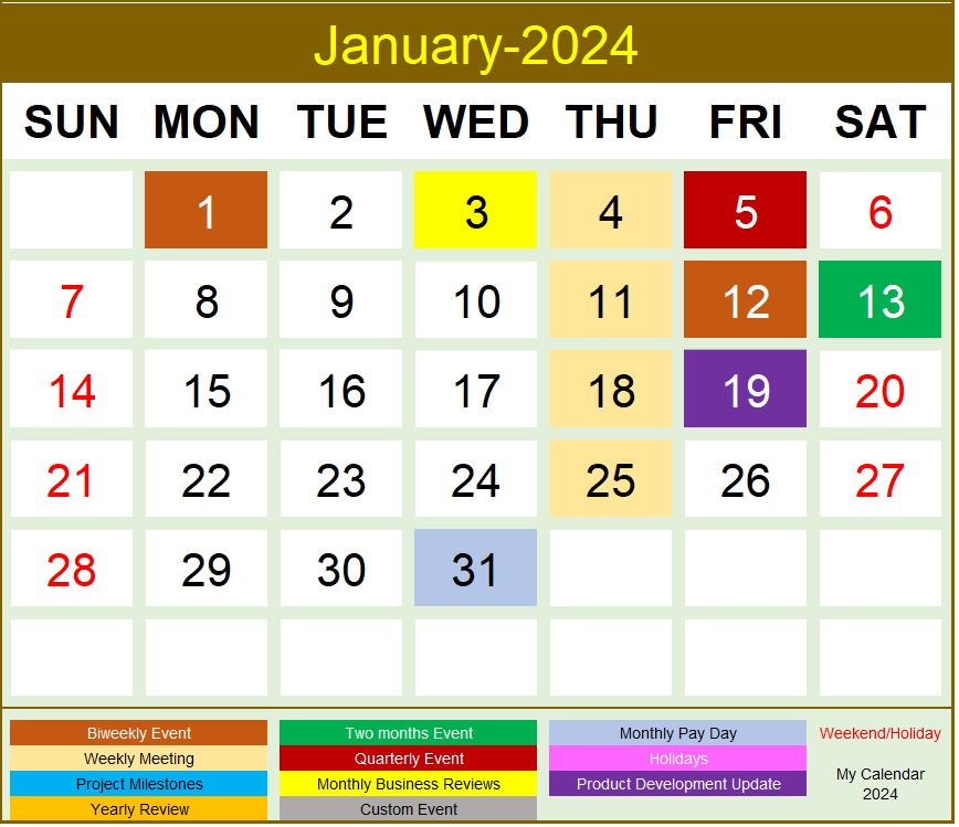 Excel Calendar Template 2024 - Monthly Calendar 2024 - Calendar Excel Template