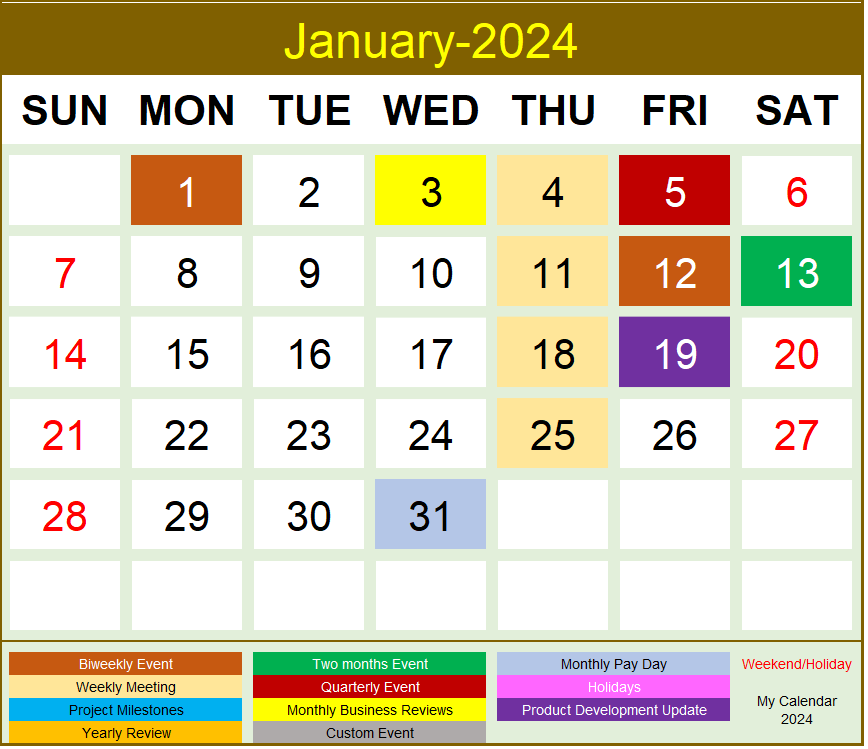 Excel Calendar Template 2024 - Monthly View - Calendar Excel Template