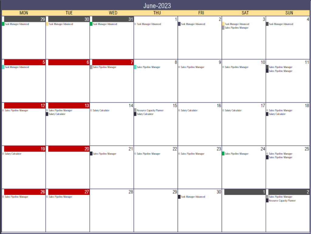 Monthly Calendar View: Task Manager Advanced Excel Template