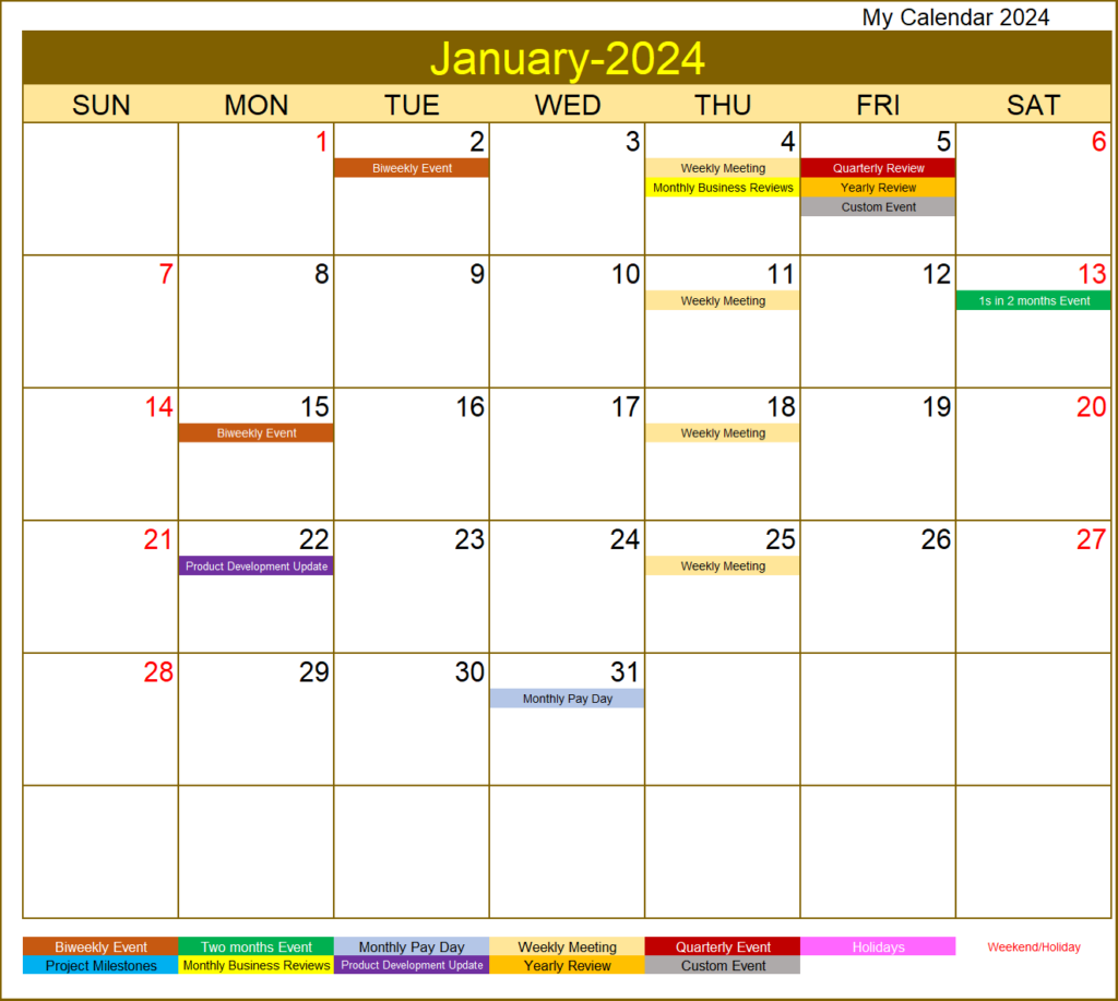 Excel Calendar Template 2024 - Monthly Calendar 2024 with events