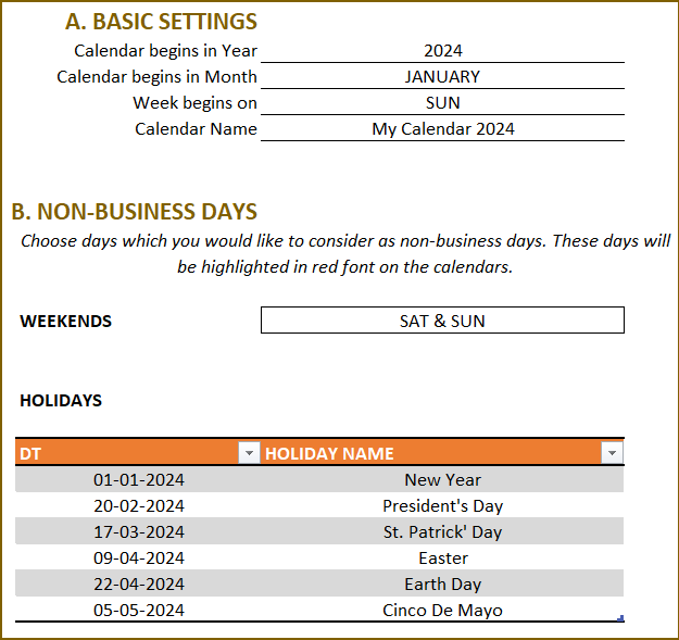 Excel Calendar Template 2024 - Settings
