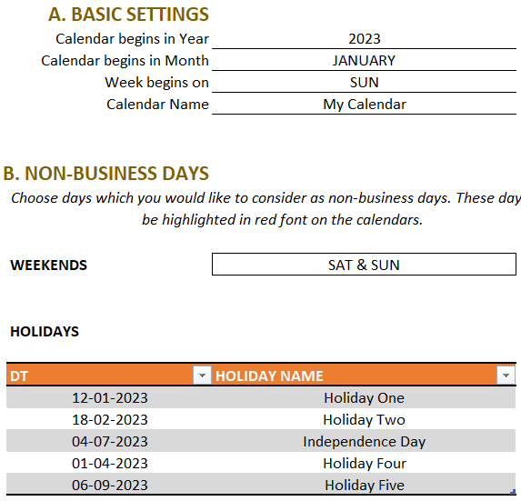 Excel Calendar Template 2023 - Settings