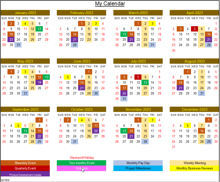 Excel Calendar Template 2023 - Yearly Calendar 2023