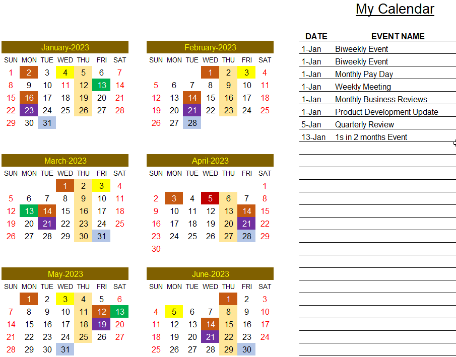 Excel Calendar Template 2023 - Yearly Calendar with Events