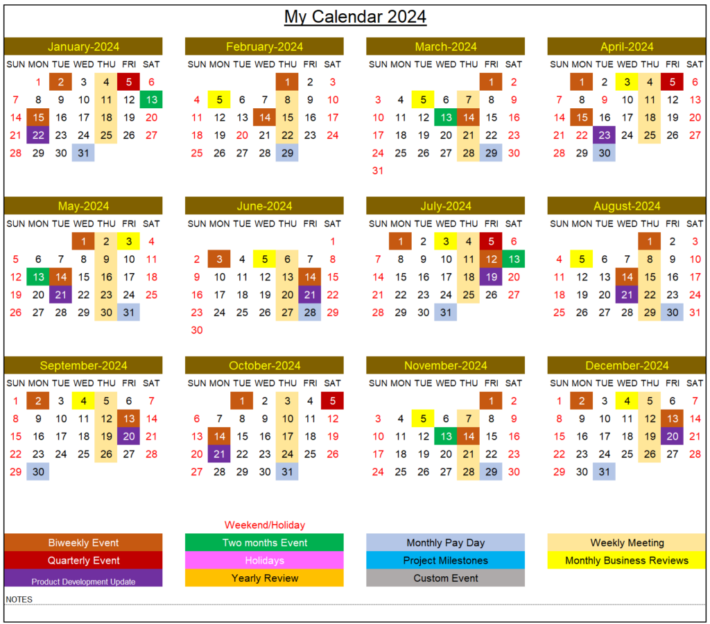 Excel Calendar Template 2024 - Yearly Calendar 2024