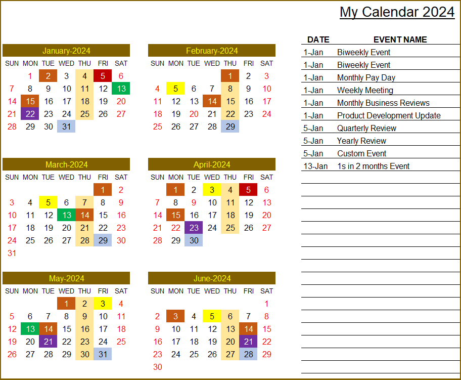 Excel Calendar Template 2024 - Yearly Calendar with Events