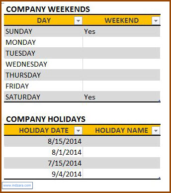 Project Planner - Excel Template - Company Holidays and Weekends