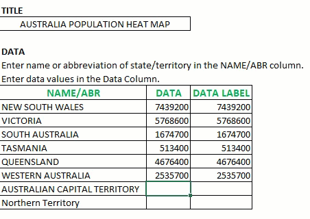 Australia Heat Map Excel Template - Entering heat map data