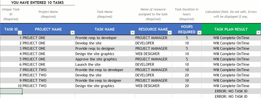 Project Planner Excel Template – Tasks