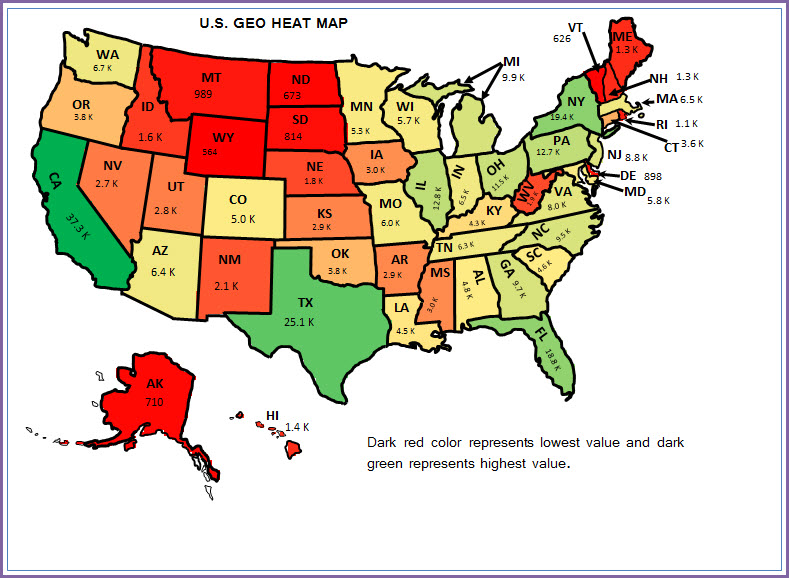 U.S. Geographic State Heat Map - Excel Template - With Data Labels