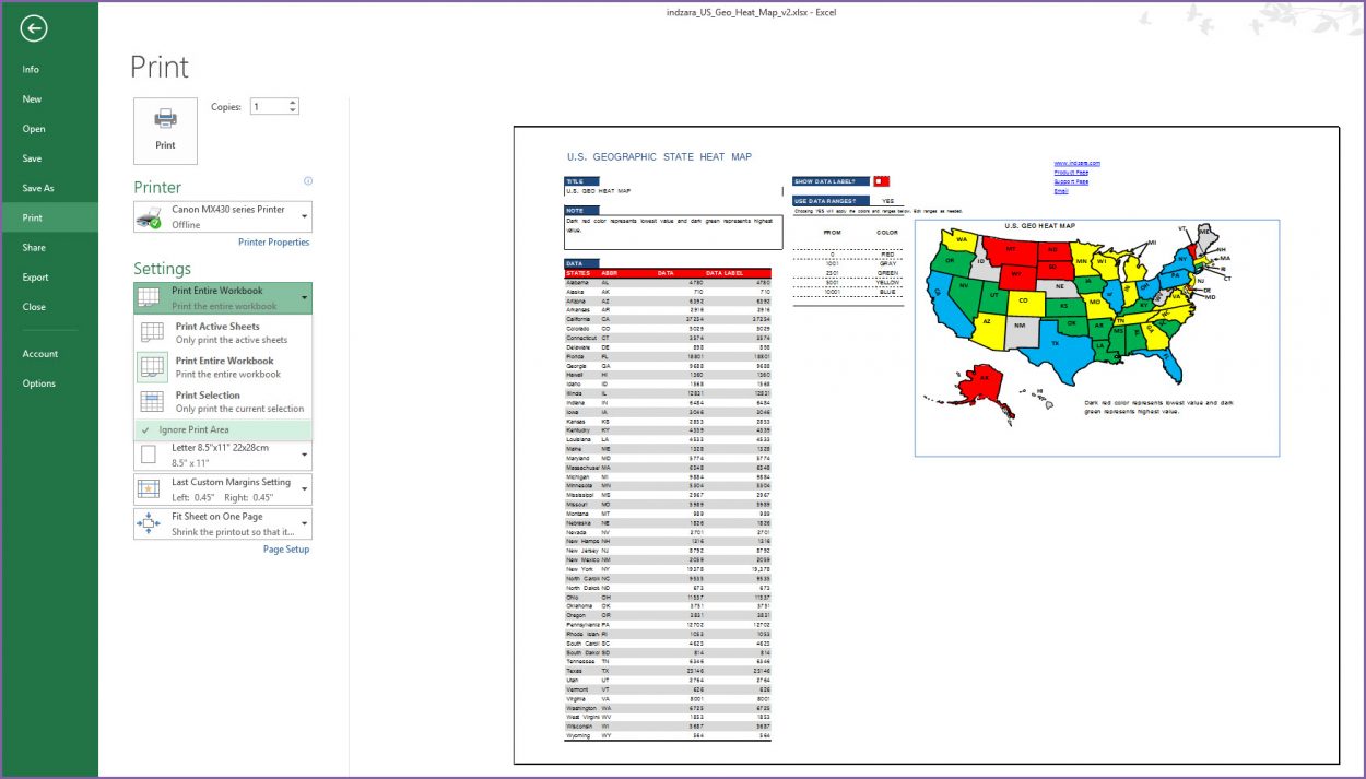 U.S. Geographic Heat Map - Excel Template - Print sheet