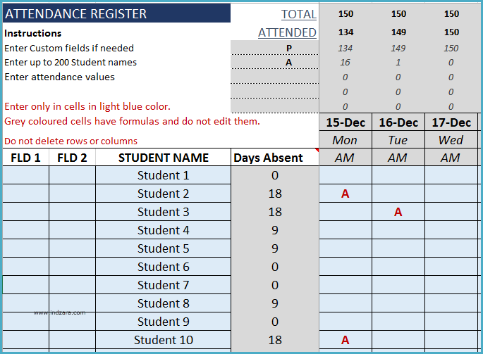 Student Attendance Register Format in Excel - Student Attendance Register Excel Template