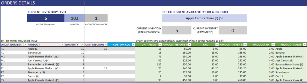 Manufacturing Inventory and Sales Manager – Excel Template – Order Details Entry