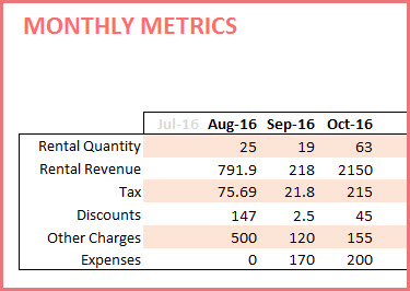 Monthly Metrics in table format - Rental Quantity, Revenue, Charges, Discounts and Expenses