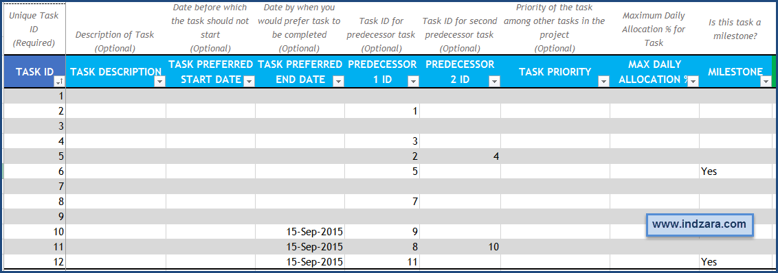 Project Planner (Advanced) Excel Template – Tasks – Optional Fields