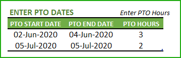 Enter Vacation dates in PTO Calculator – Enter range of dates and hours for each day
