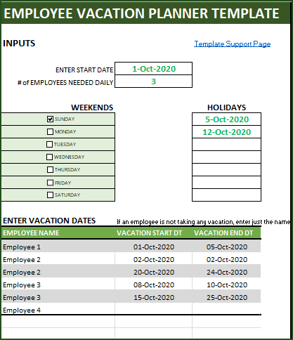 Inputs needed for Employee Vacation Planner template