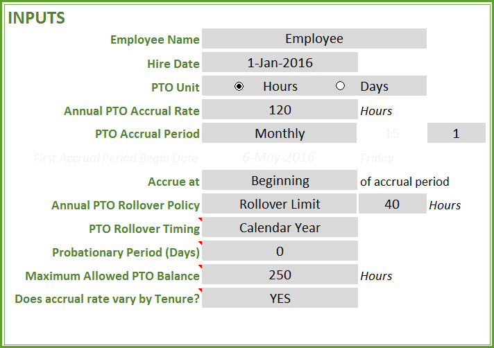 PTO Calculator Excel Template Employee PTO Tracker Vacation Tracker