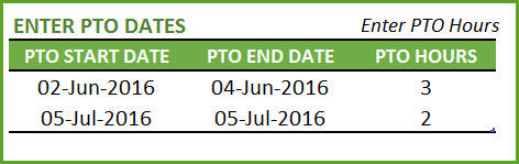 Enter Vacation dates in PTO Calculator - Enter range of dates and hours for each day