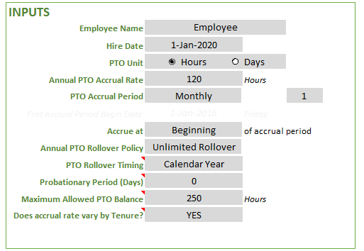 Monthly Accrual PTO Calculator - Inputs to Template