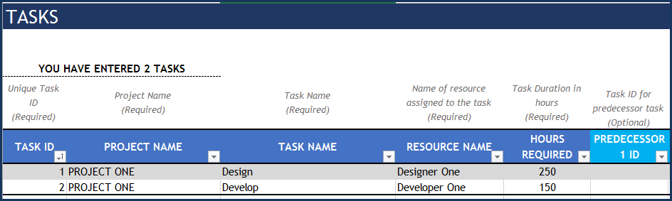Project Planner Advanced Excel Template - Tasks