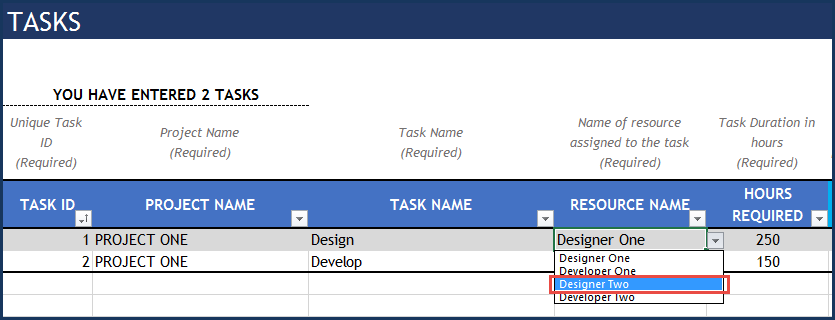 Project Planner Advanced Excel Template - Tasks Re-assignment