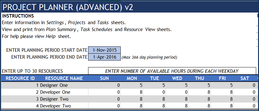 project planner advanced excel template download