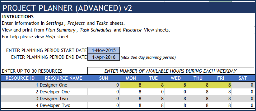 Project Planner Advanced Excel Template - Adding Hours of Availability