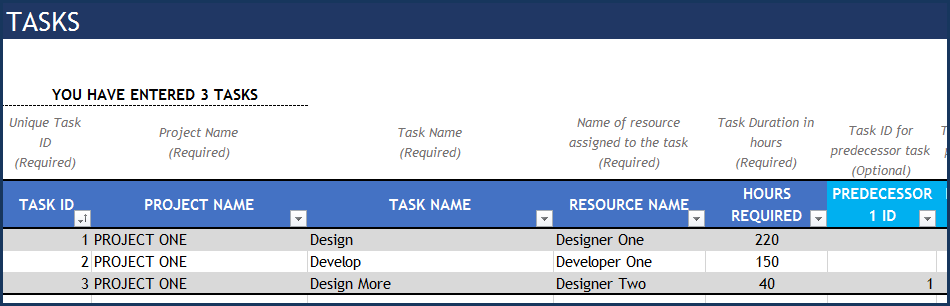 Project Planner Advanced Excel Template - Tasks
