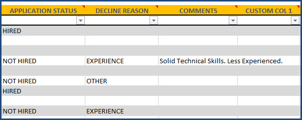 Recruitment Manager Excel Template - Applications - Status, Reasons and Comments